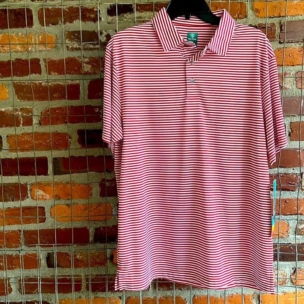 Pro Tour Red & White Striped Polyester Collared Golf Shirt Size Medium NEW